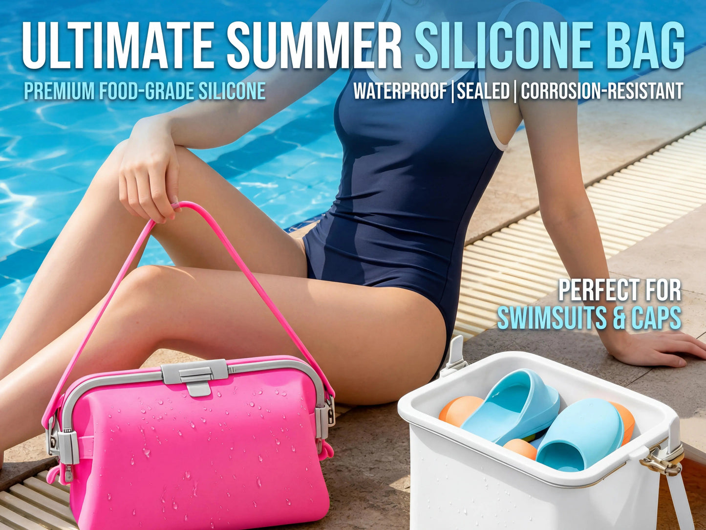 Waterproof Silicone Tote Bag, Leakproof Reusable HandheldStorage Bag Washable for Beach Hiking Camping Travel